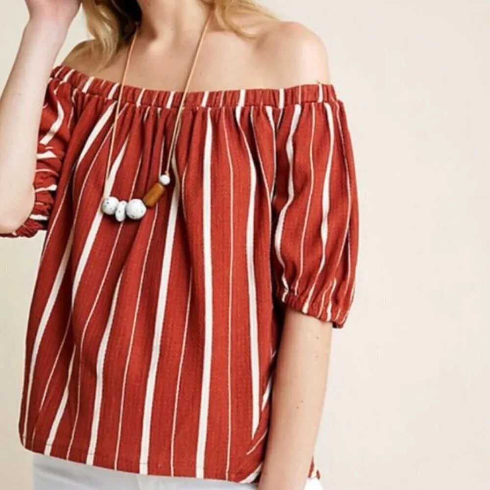 ANTHROPOLOGIE ANTHRO Elodie Off the Shoulder Top Terracotta Rust Red Stripe Boho